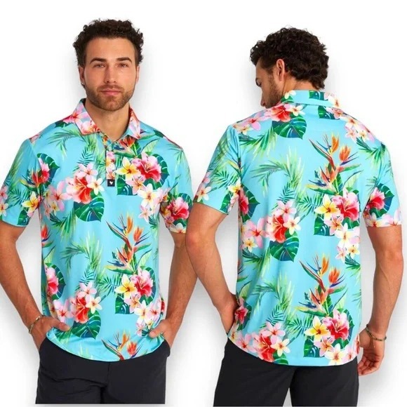 Bad Birdie Other - Bad Birdie Tropics Hawaiian Floral Golf Polo Shirt Mens Medium Teal Plumeria